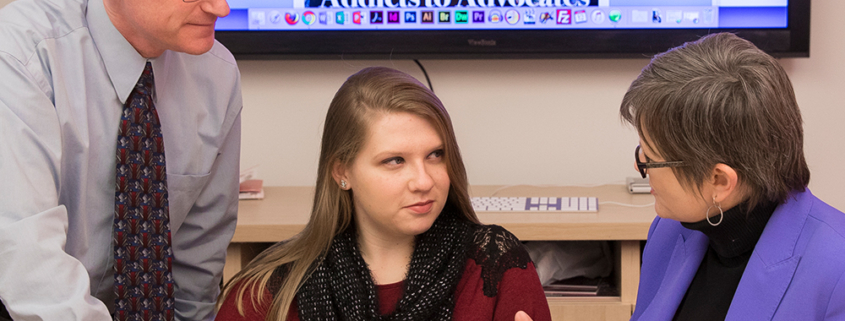 Ball State junior Elizabeth Wyman works with telecommunications instructor Terry Heifetz and journalism instructor Juli Metzger on the project, titled “Unmasked: The Stigma of Meth.”