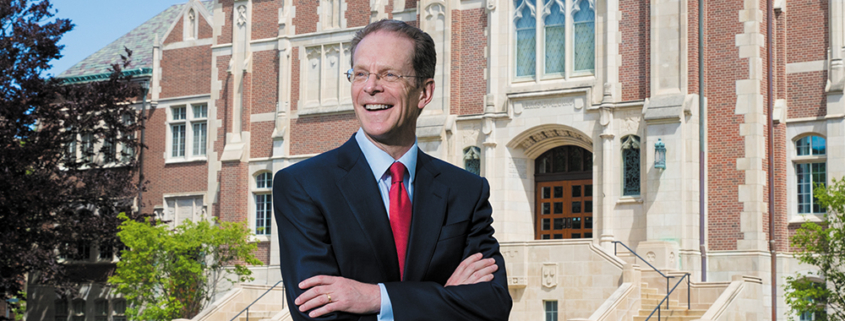 Ball State University president Geoff Mearns poses for a photo in front of the David Owsley Museum of Art